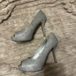 Nine West Silver Sparkle Peep-Toe High Heels